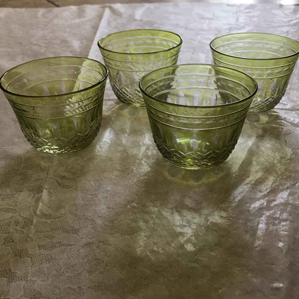 Vintage Bohemian 4 piece condiment cut green to clear crystal set